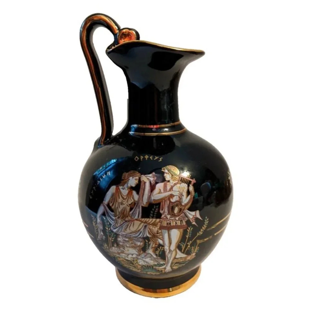 Vintage Terracotta Sicilia Vase Black Hand Painted 24k Gold Greek Figures Map 7